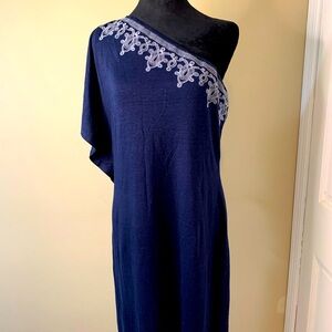 NWT Tommy Bahama Lovelin One Shoulder Dress Womens Size S Blue Embroidered Linen